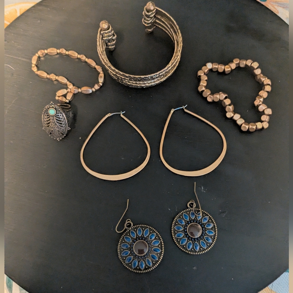 Brass Dark Gold-Tone Assorted Womens Jewelry Set with Blue Enamel Earrings